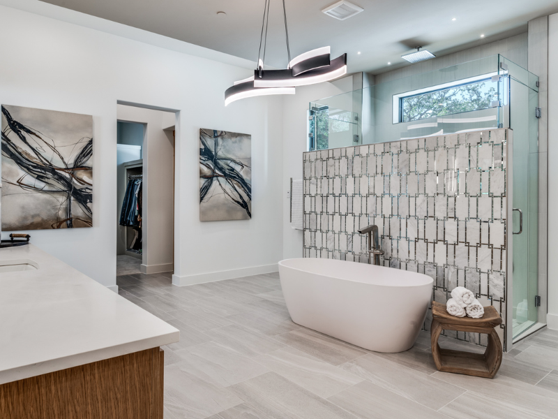 Luxury bathroom with geometric tile