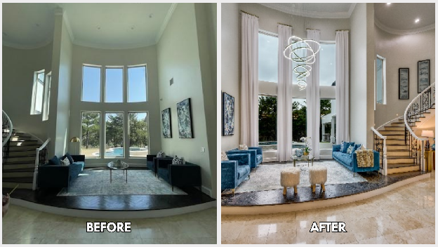 Cedar Hill Interior Design Transformation | Landry Designs 3 Cedar Hill living room with 20-foot custom draperies