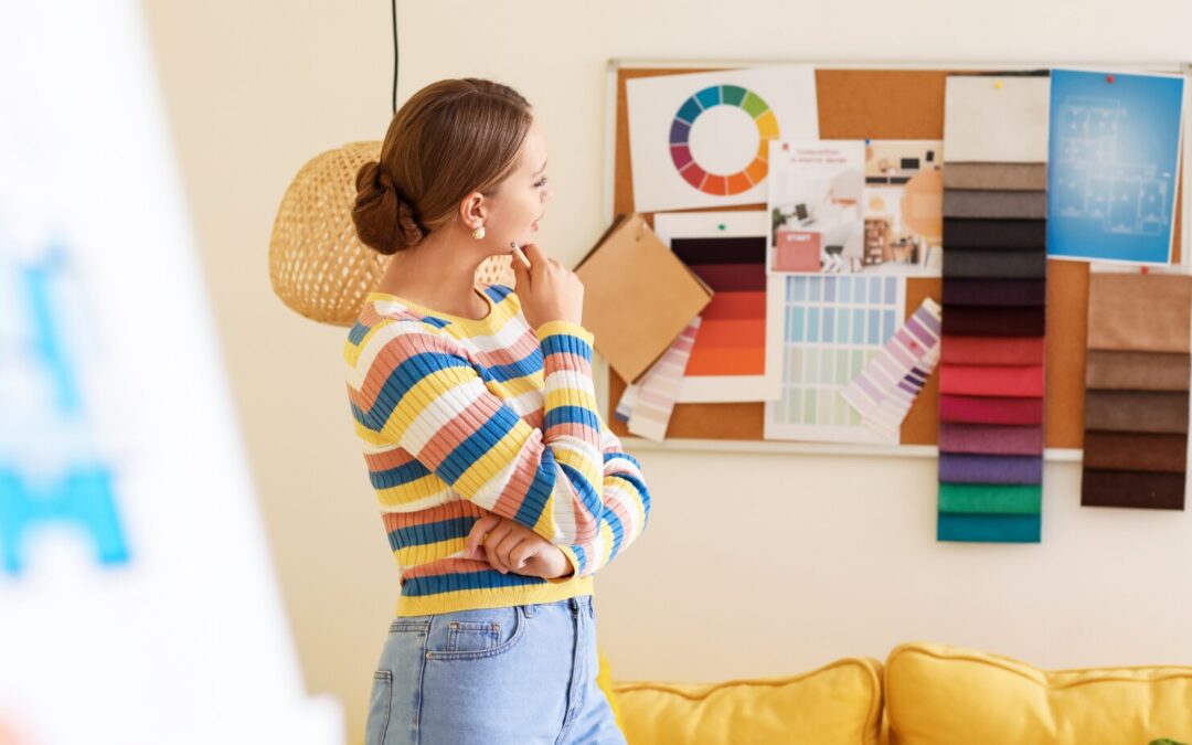 Interior designer selecting calming bedroom colors from paint and fabric swatches on a design board — Landry Designs