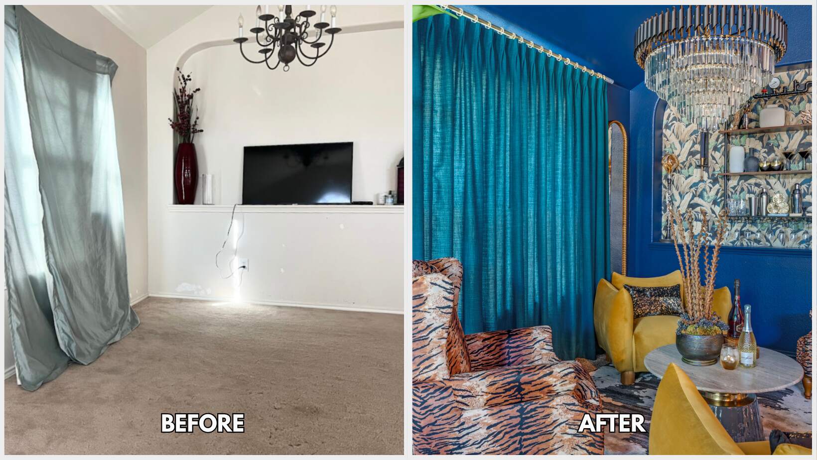 How We Transformed an Unused Room into a Custom Speakeasy 2 Before and after of the Fort Worth home speakeasy bar by Landry Designs, with a crystal chandelier, teal velvet drapery and gold velvet seating