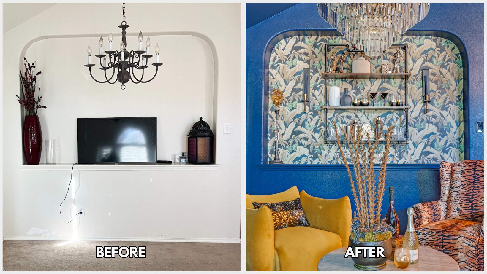 How We Transformed an Unused Room into a Custom Speakeasy 3 Before and after of the custom speakeasy bar against botanical wallpaper by Landry Designs in Fort Worth, with brass accents and patterned accent chairs