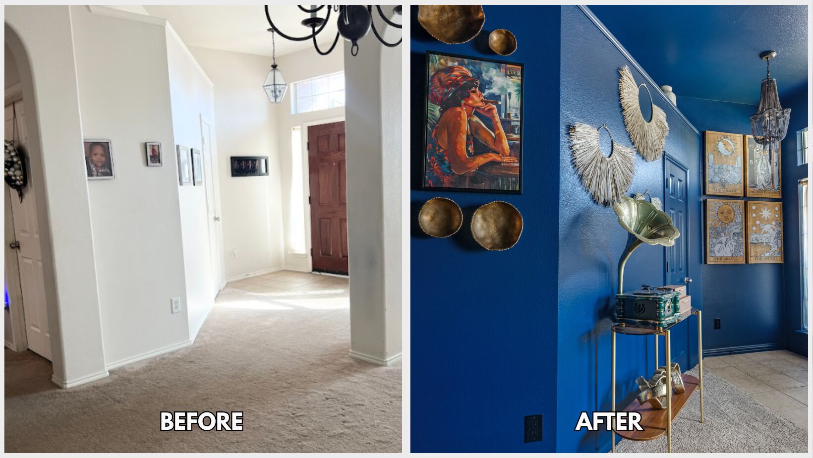 How We Transformed an Unused Room into a Custom Speakeasy 1 Before and after of the Fort Worth home speakeasy entryway by Landry Designs, featuring a gramophone, brass wall art and framed artwork